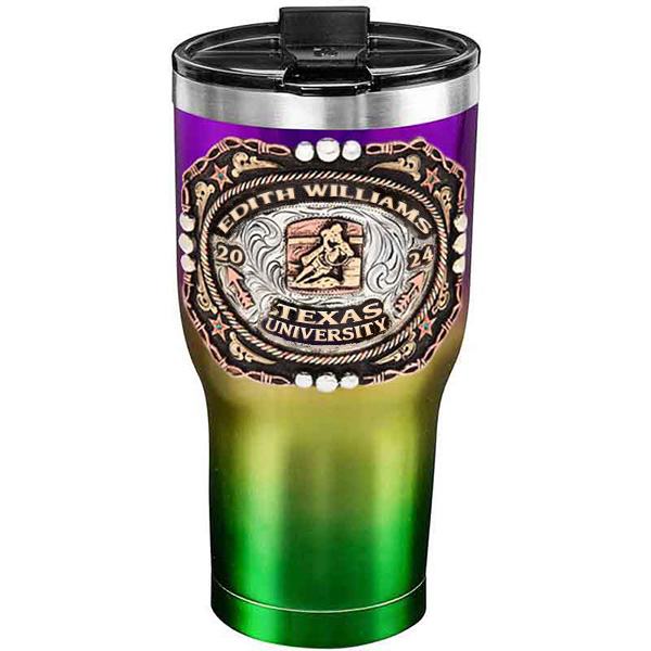 A customized tumbler made of stainless steel with a personalized engraved name and Texas University lettering with barrel racing figure, 30 oz, ideal for coffee or cool drinks